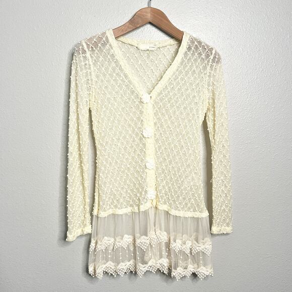 A'reve Cream Lace Sheer Cardigan with Crochet Flower Buttons women’s size small - Picture 1 of 11